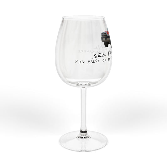 12oz Wine Glass – Red Pickup Truck Design with "See You in Hell" Script