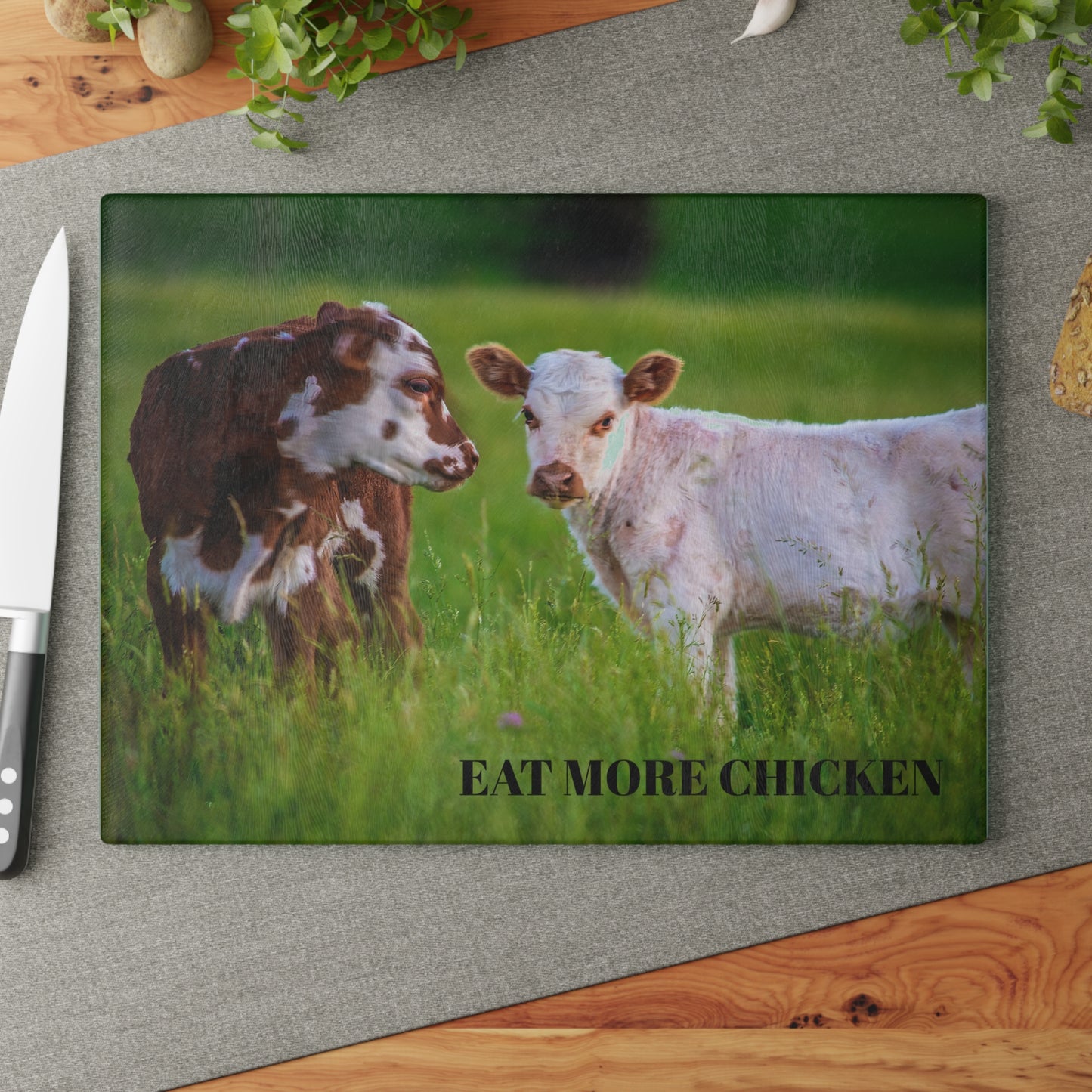 Rustic Glass Cutting Board | 'Eat More Chicken' Design for Farm Lovers & Home Chefs