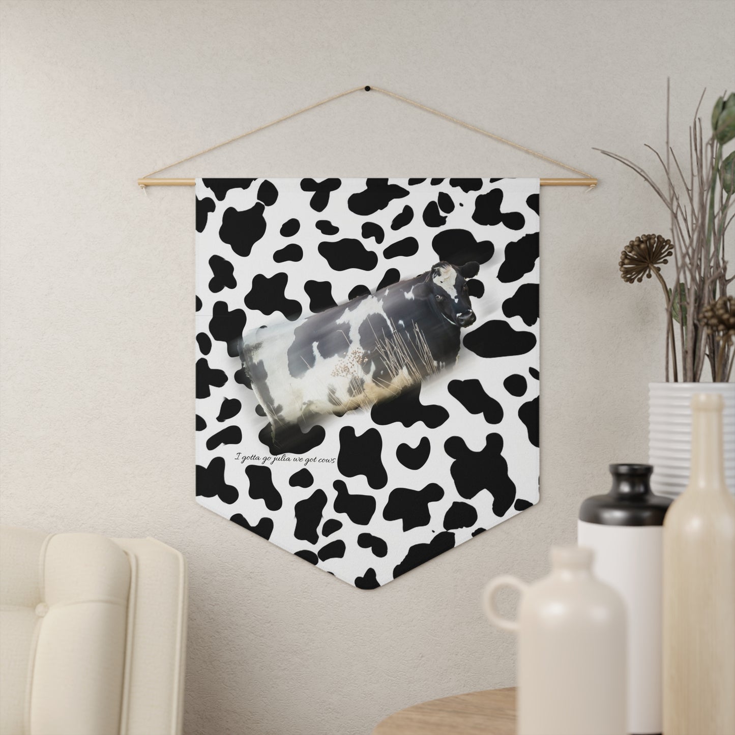 Cow Print Wall Pennant with Vintage Bottle Design