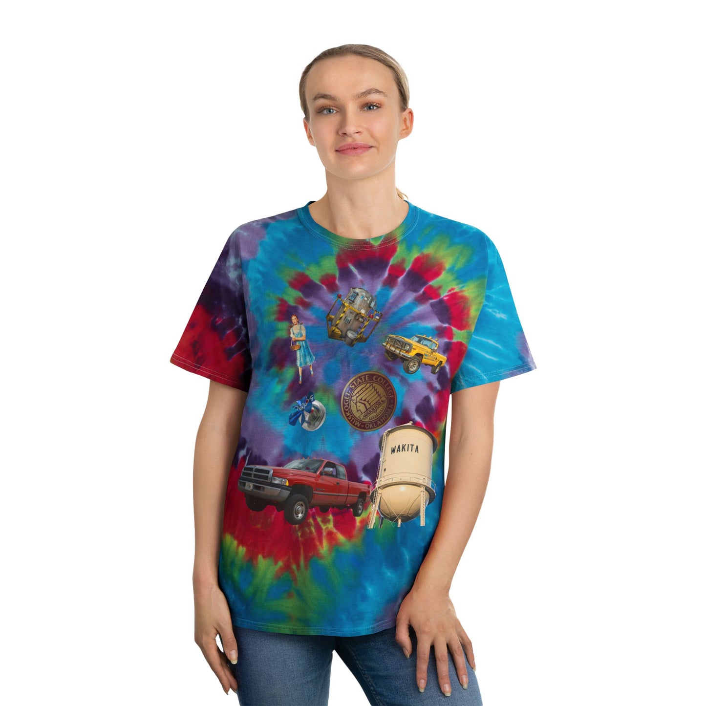 Colorful Tie-Dye Tee with Retro Images - Perfect for Summer Vibes