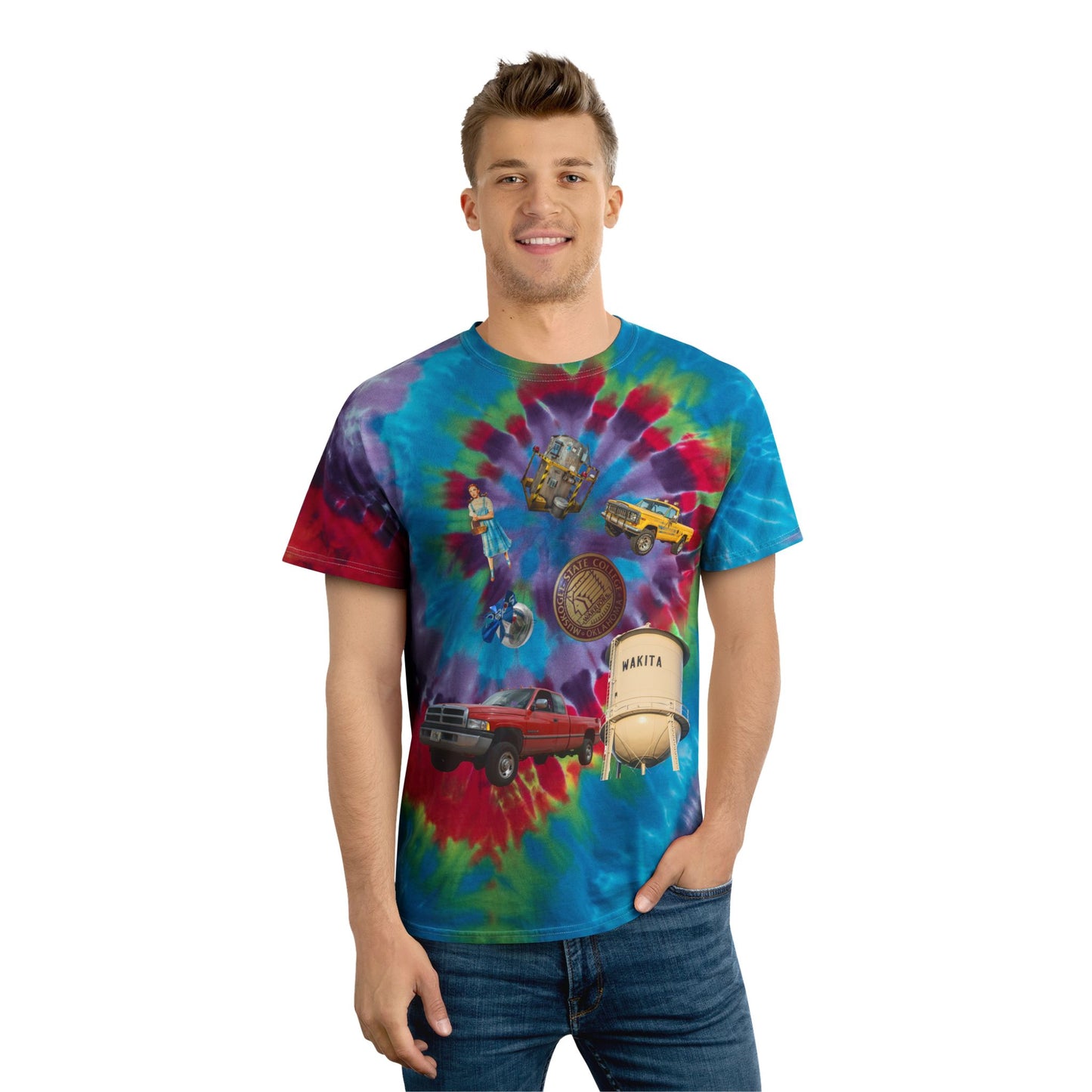 Colorful Tie-Dye Tee with Retro Images - Perfect for Summer Vibes