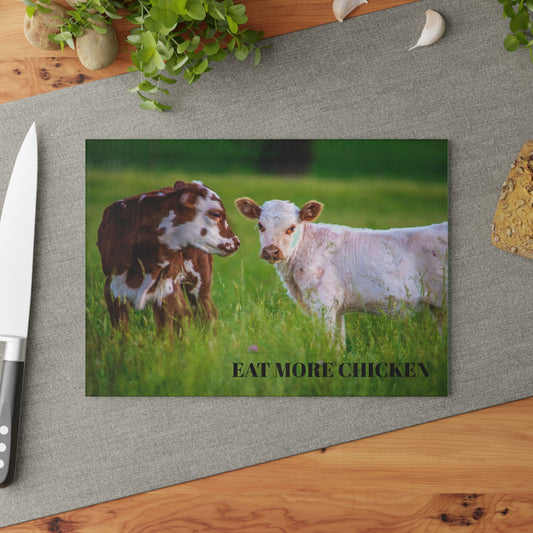 Rustic Glass Cutting Board | 'Eat More Chicken' Design for Farm Lovers & Home Chefs