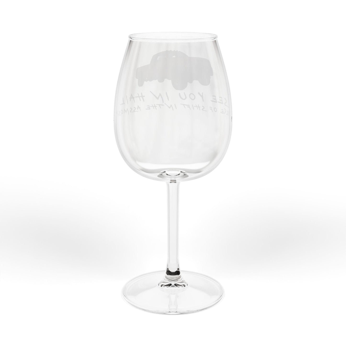 12oz Wine Glass – Red Pickup Truck Design with "See You in Hell" Script