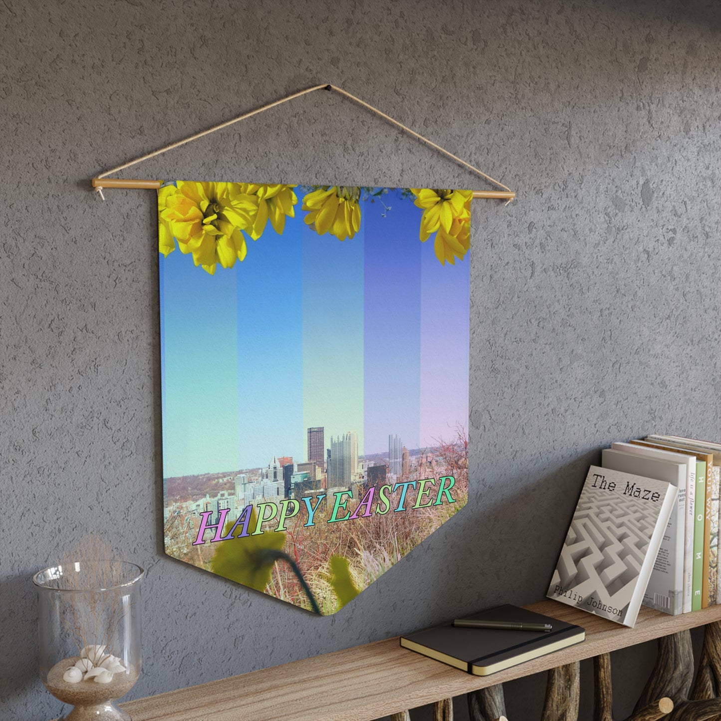 Happy Easter Floral Pennant Banner — Spring Holiday Wall Flag