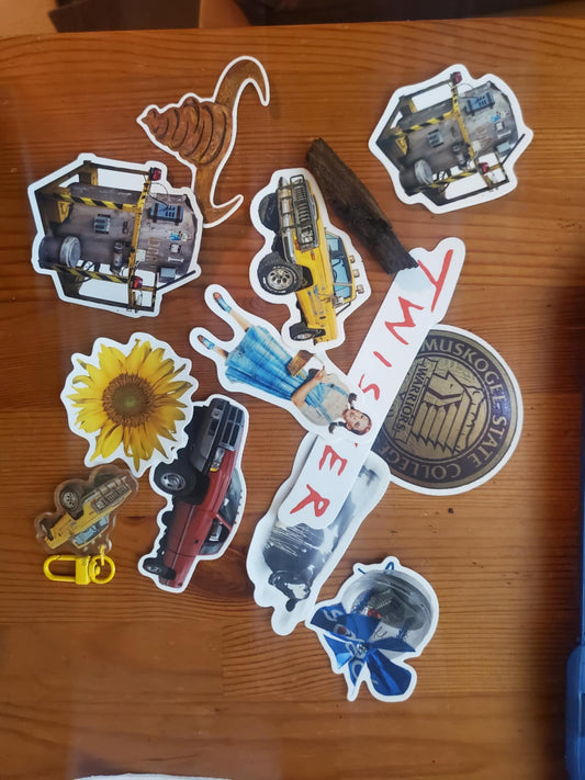 Twister Stickers Set with jeep key chain, Dorothy magnet Bridge piece!
