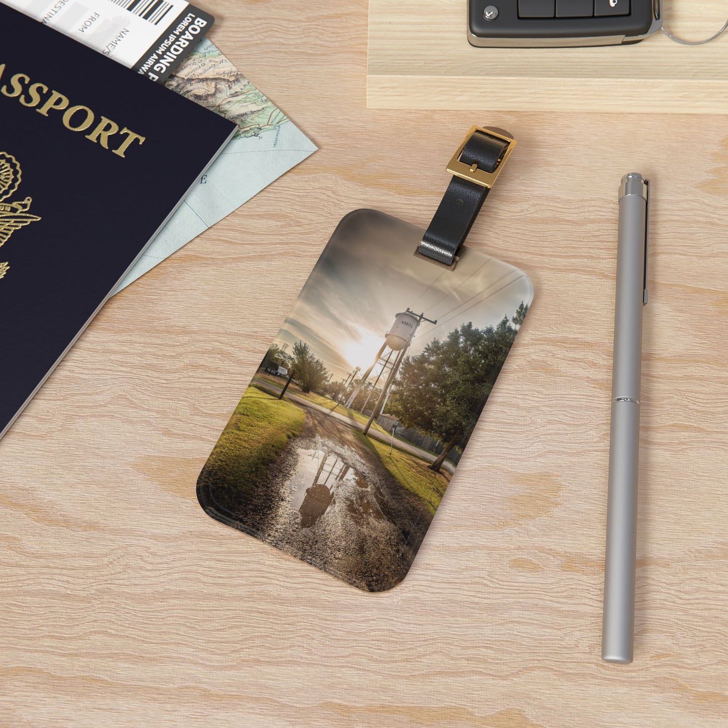 Water Tower Reflection Luggage Tag — Scenic Vintage Travel ID