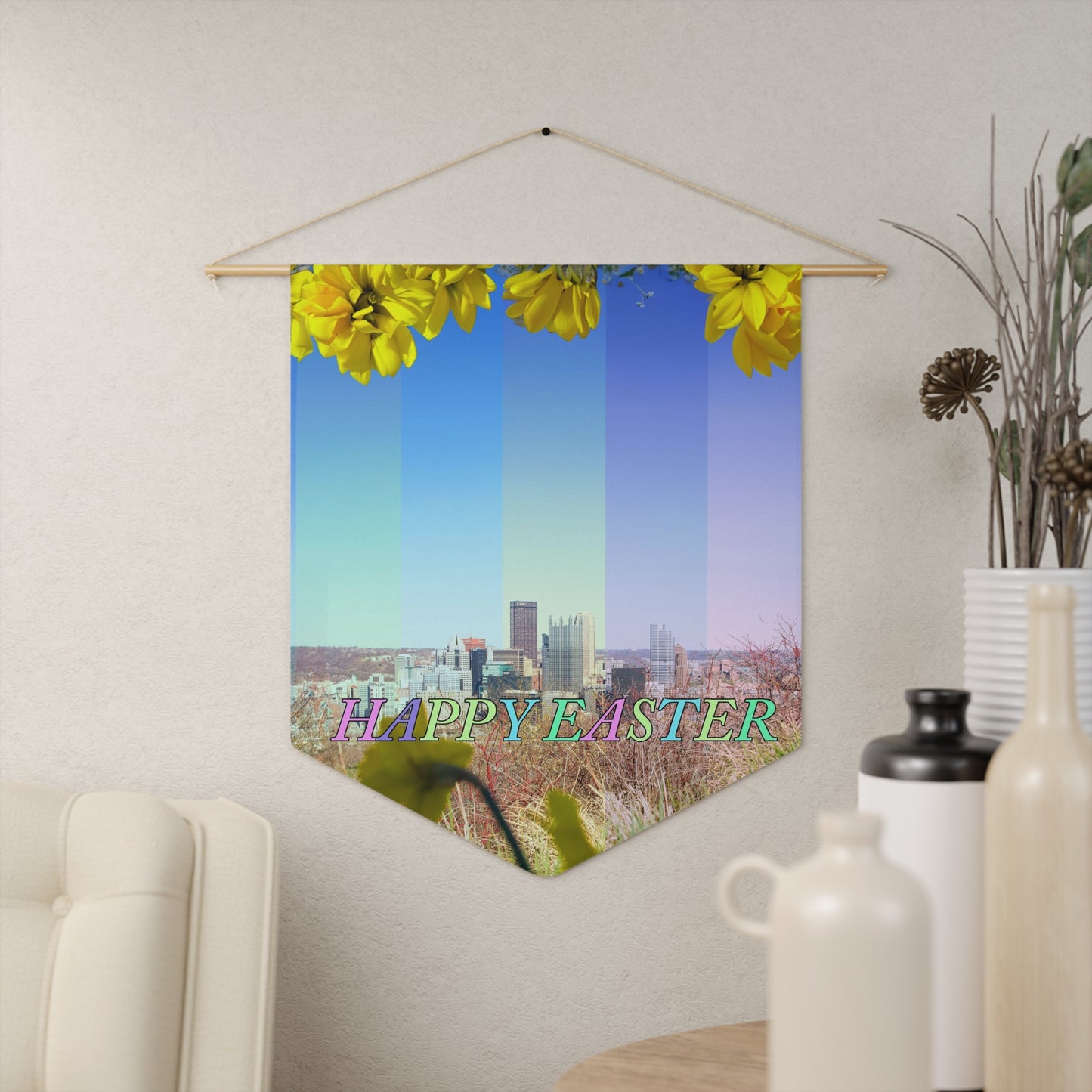 Happy Easter Floral Pennant Banner — Spring Holiday Wall Flag
