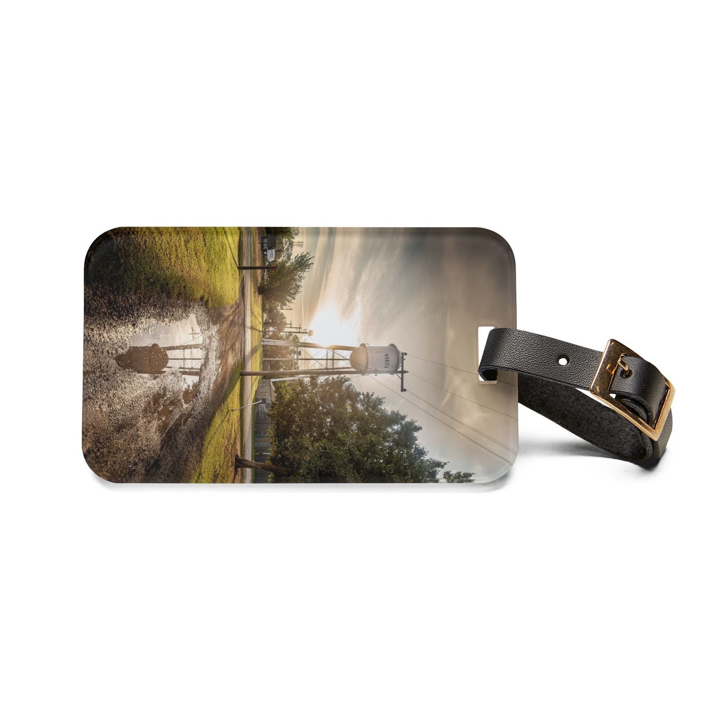 Water Tower Reflection Luggage Tag — Scenic Vintage Travel ID